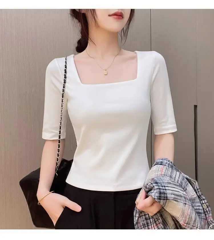 Black Mid-sleeve T-shirt Women's 2025 Summer New Design Sense French Square Neck Shoulder Slimming Half-sleeve Base Top — feature 11