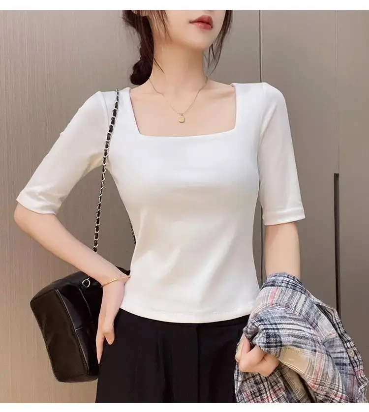 Black Mid-sleeve T-shirt Women's 2025 Summer New Design Sense French Square Neck Shoulder Slimming Half-sleeve Base Top — feature 12