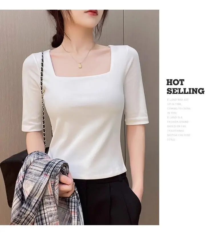 Black Mid-sleeve T-shirt Women's 2025 Summer New Design Sense French Square Neck Shoulder Slimming Half-sleeve Base Top — feature 13