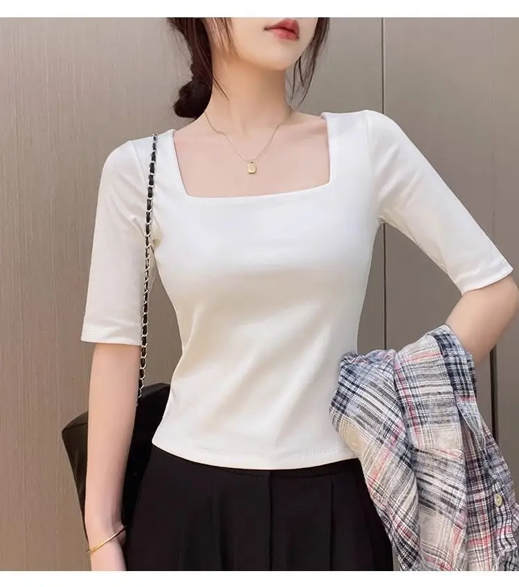 Black Mid-sleeve T-shirt Women's 2025 Summer New Design Sense French Square Neck Shoulder Slimming Half-sleeve Base Top — feature 14