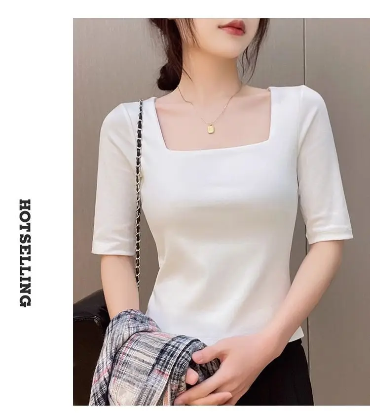 Black Mid-sleeve T-shirt Women's 2025 Summer New Design Sense French Square Neck Shoulder Slimming Half-sleeve Base Top — feature 15