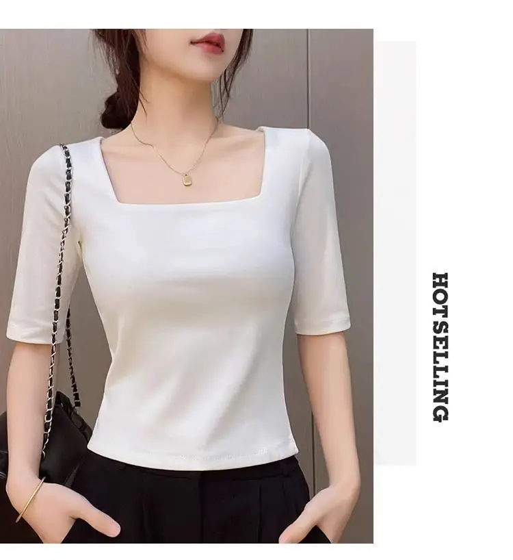 Black Mid-sleeve T-shirt Women's 2025 Summer New Design Sense French Square Neck Shoulder Slimming Half-sleeve Base Top — feature 8