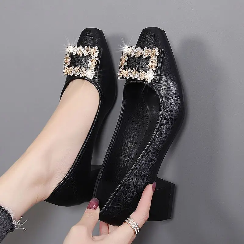 2026 New Style Chunky Heel Shallow Mouth Single Shoes for Women, Spring and Autumn Square Toe Rhinestone High Heels, Mid-Heel Elegant Work Shoes, Leather Shoes - Image 3