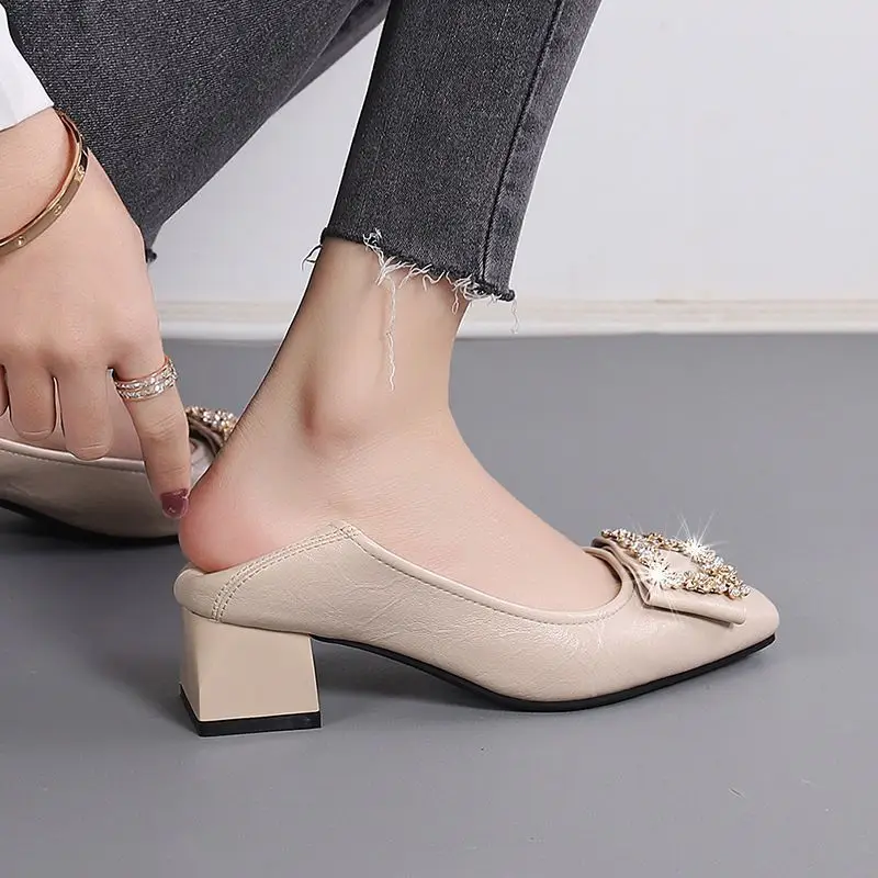 2026 New Style Chunky Heel Shallow Mouth Single Shoes for Women, Spring and Autumn Square Toe Rhinestone High Heels, Mid-Heel Elegant Work Shoes, Leather Shoes - Image 4