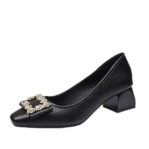 2026 New Style Chunky Heel Shallow Mouth Single Shoes for Women, Spring and Autumn Square Toe Rhinestone High Heels, Mid-Heel Elegant Work Shoes, Leather Shoes - Image 5