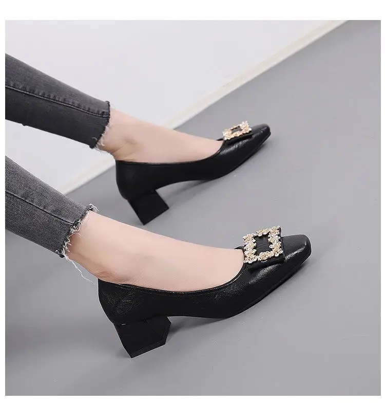 2026 New Style Chunky Heel Shallow Mouth Single Shoes for Women, Spring and Autumn Square Toe Rhinestone High Heels, Mid-Heel Elegant Work Shoes, Leather Shoes — feature 11
