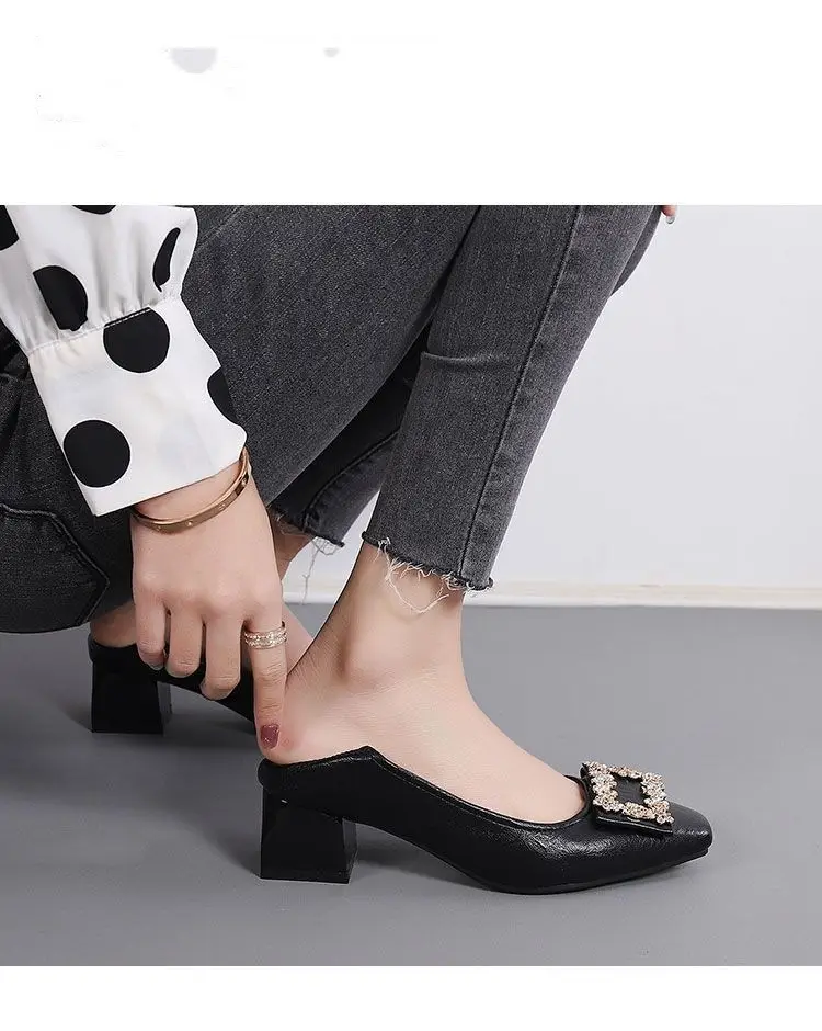 2026 New Style Chunky Heel Shallow Mouth Single Shoes for Women, Spring and Autumn Square Toe Rhinestone High Heels, Mid-Heel Elegant Work Shoes, Leather Shoes — feature 12