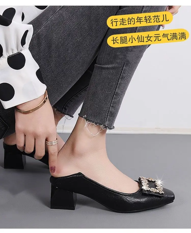 2026 New Style Chunky Heel Shallow Mouth Single Shoes for Women, Spring and Autumn Square Toe Rhinestone High Heels, Mid-Heel Elegant Work Shoes, Leather Shoes — feature 2