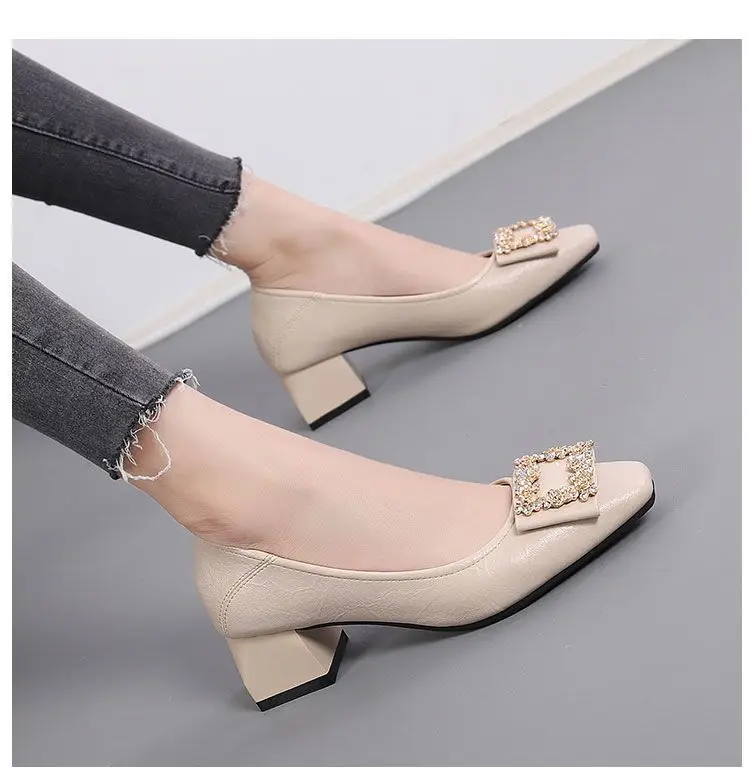 2026 New Style Chunky Heel Shallow Mouth Single Shoes for Women, Spring and Autumn Square Toe Rhinestone High Heels, Mid-Heel Elegant Work Shoes, Leather Shoes — feature 9