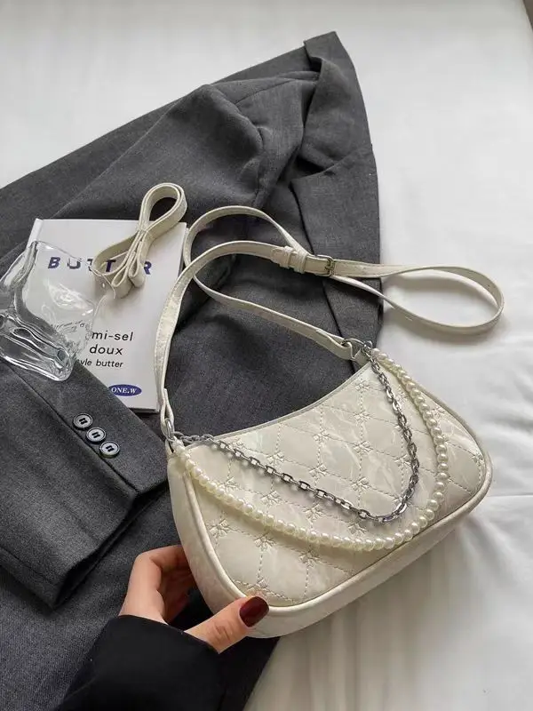 Pearl Chain Quilted Crossbody Bag for Women