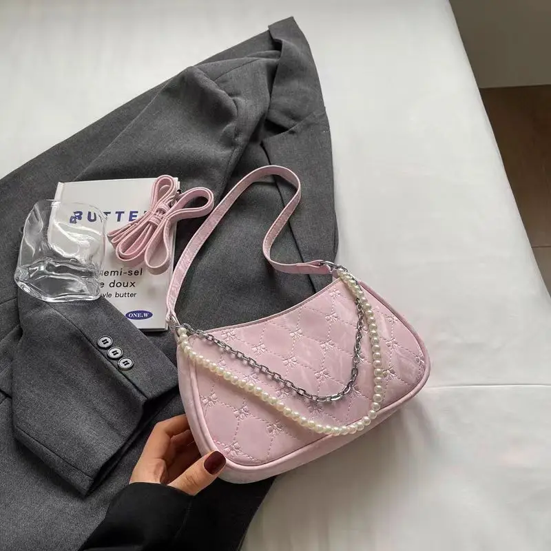 Pearl Chain Quilted Crossbody Bag for Women