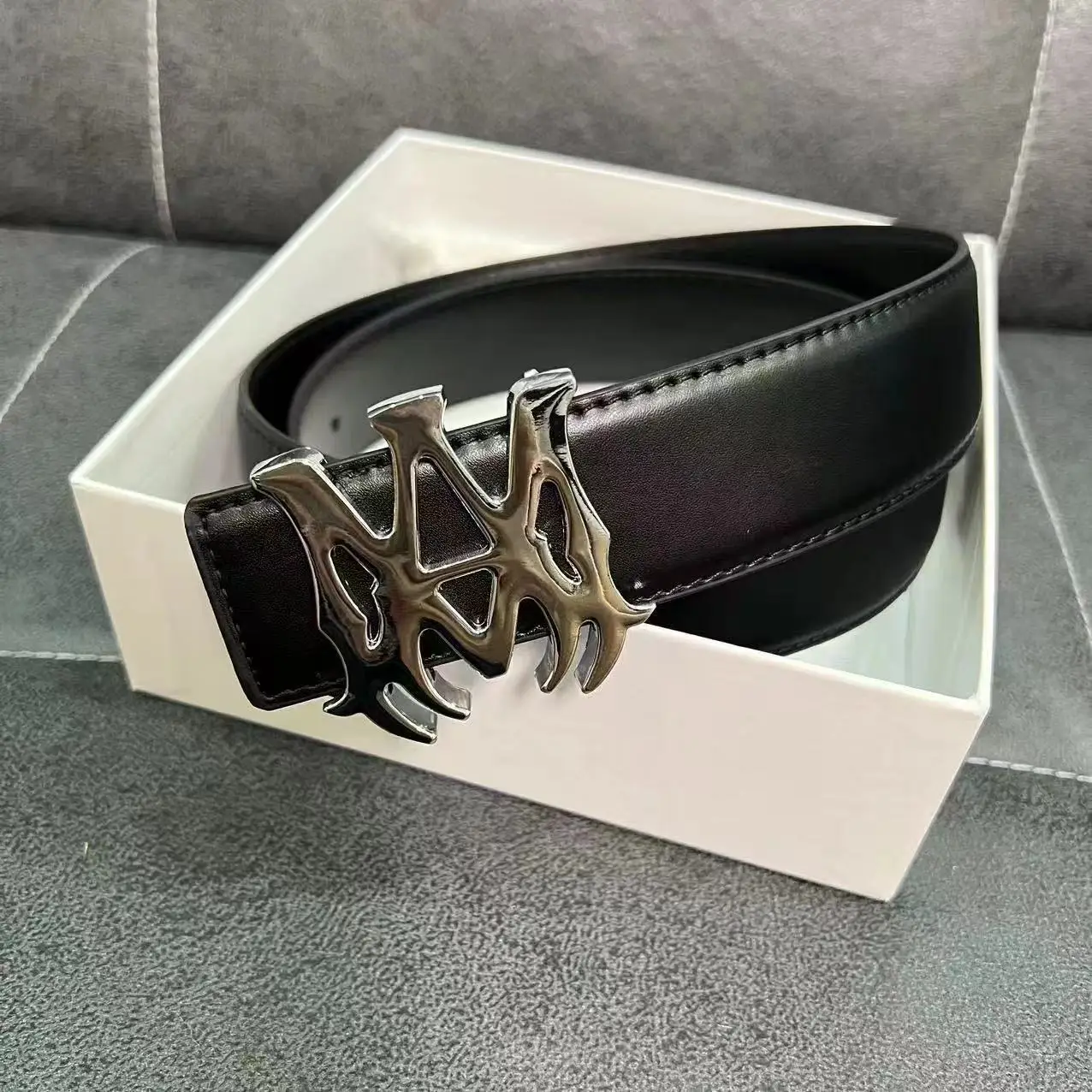 Men's Black Leather Belt with Gold Buckle - Image 2