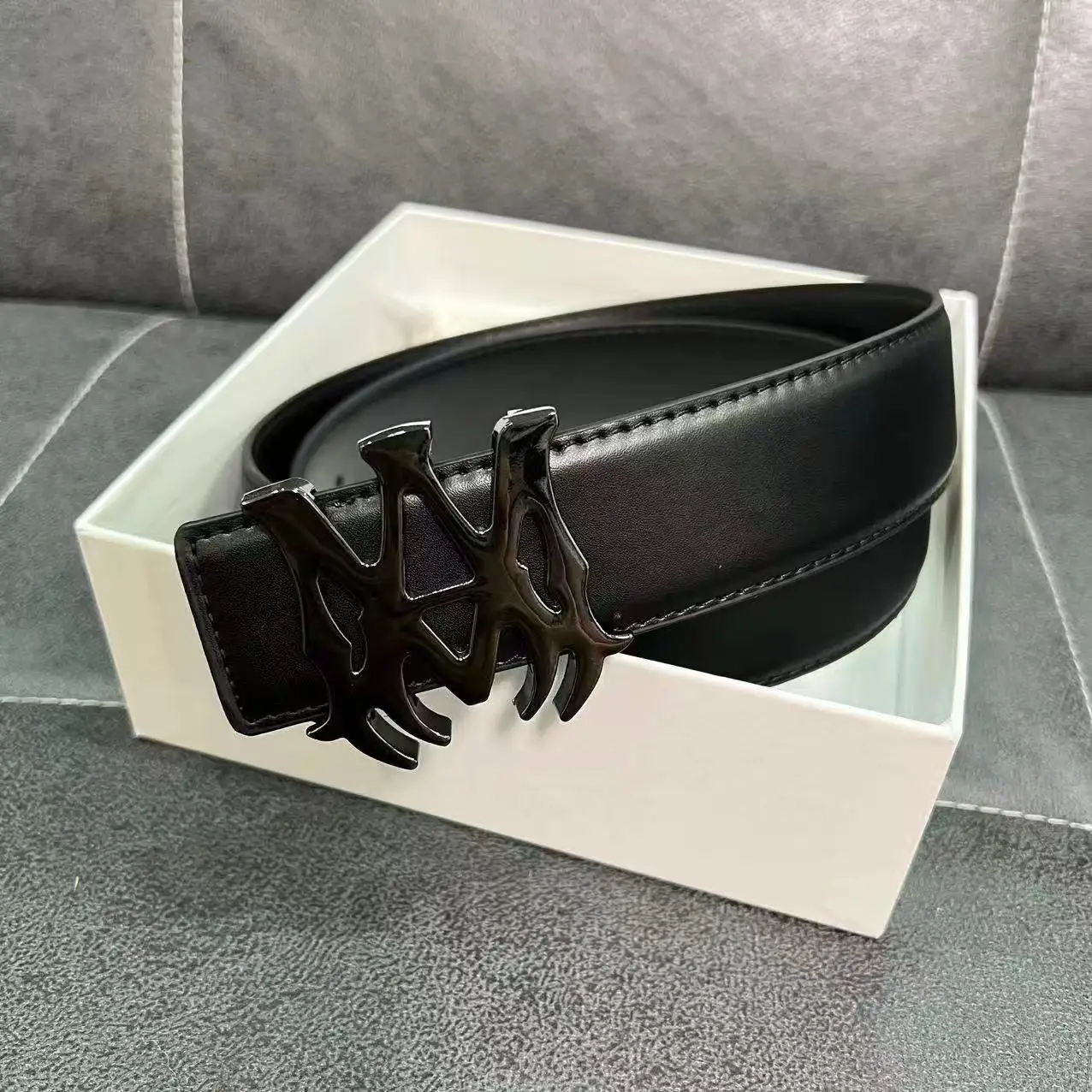 Men's Black Leather Belt with Gold Buckle - Image 3