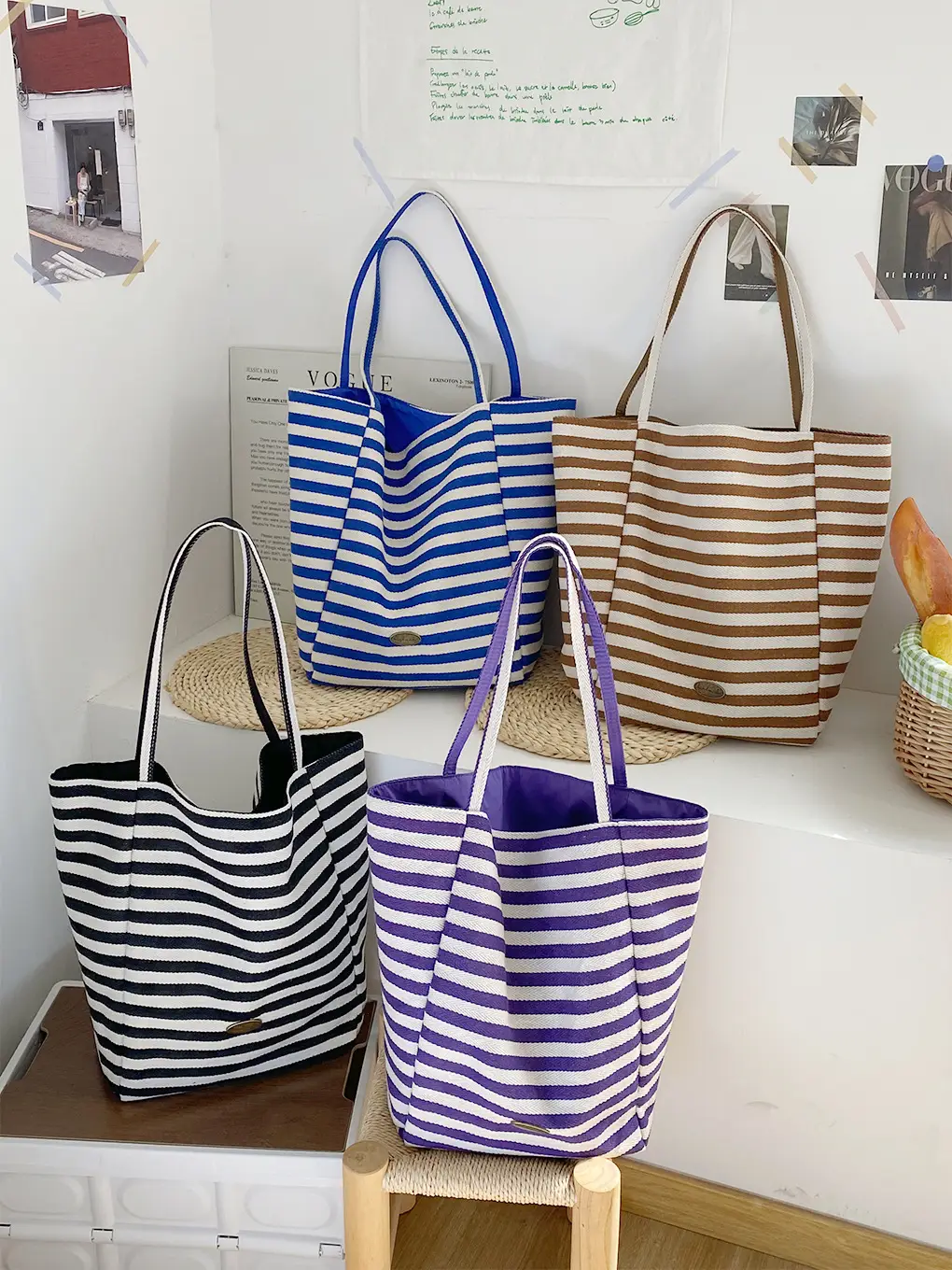 Vintage Striped Shoulder Bag Blue Purple Black Large Capacity - Image 7