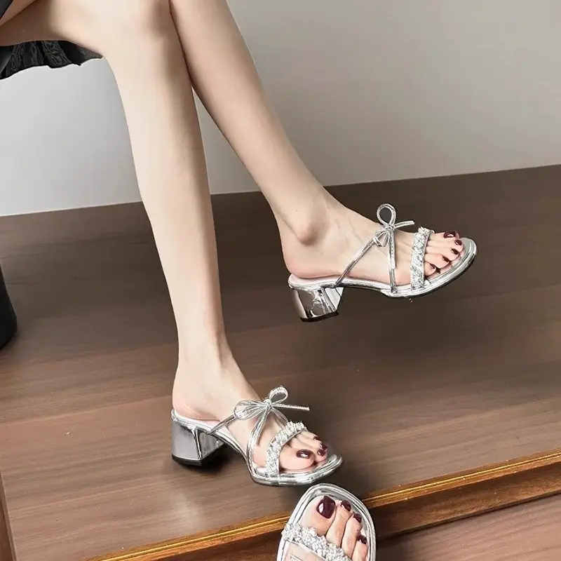 French Style Elegant Bow Sandals for Women's Outer Wear 2025 New Summer Chunky Heel High Heels with Skirt Slide-off - Image 4