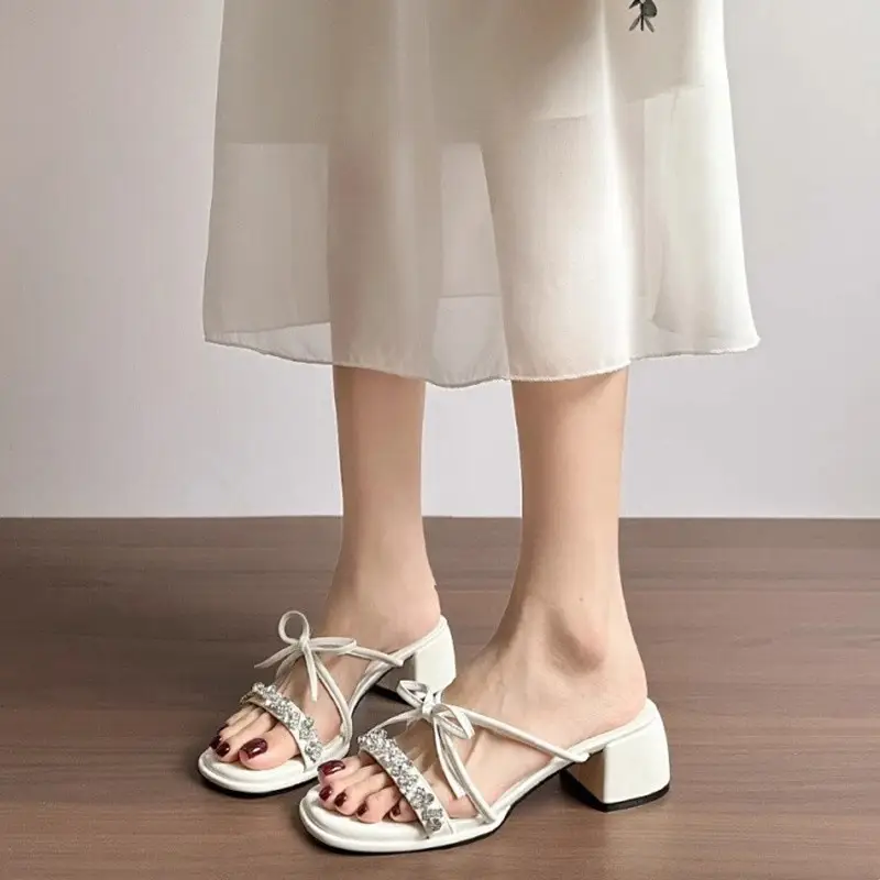 French Style Elegant Bow Sandals for Women's Outer Wear 2025 New Summer Chunky Heel High Heels with Skirt Slide-off - Image 5