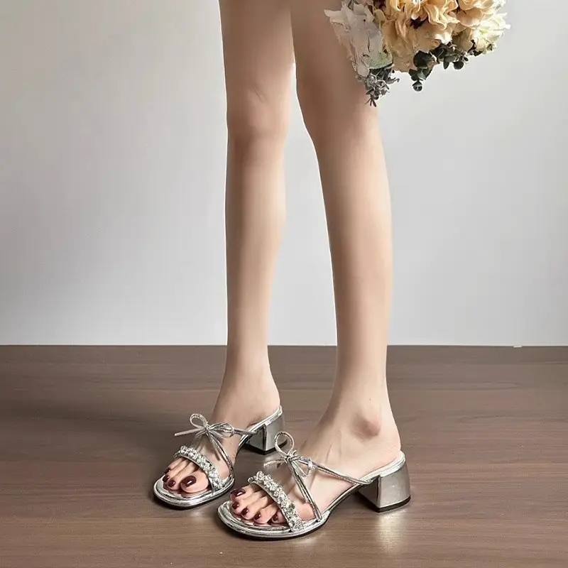 French Style Elegant Bow Sandals for Women's Outer Wear 2025 New Summer Chunky Heel High Heels with Skirt Slide-off - Image 6