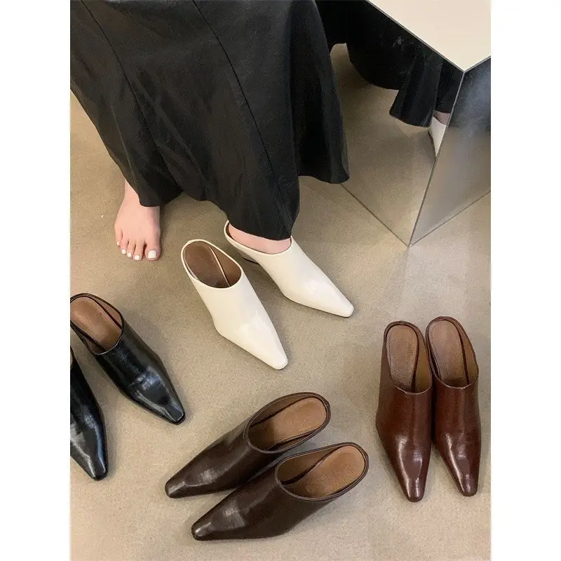 European and American Baotou Half Slippers Women's Small Square Heel High Heel Sandals Fashionable Outer Wear Thick Heel Lazy Muller Shoes - Image 5