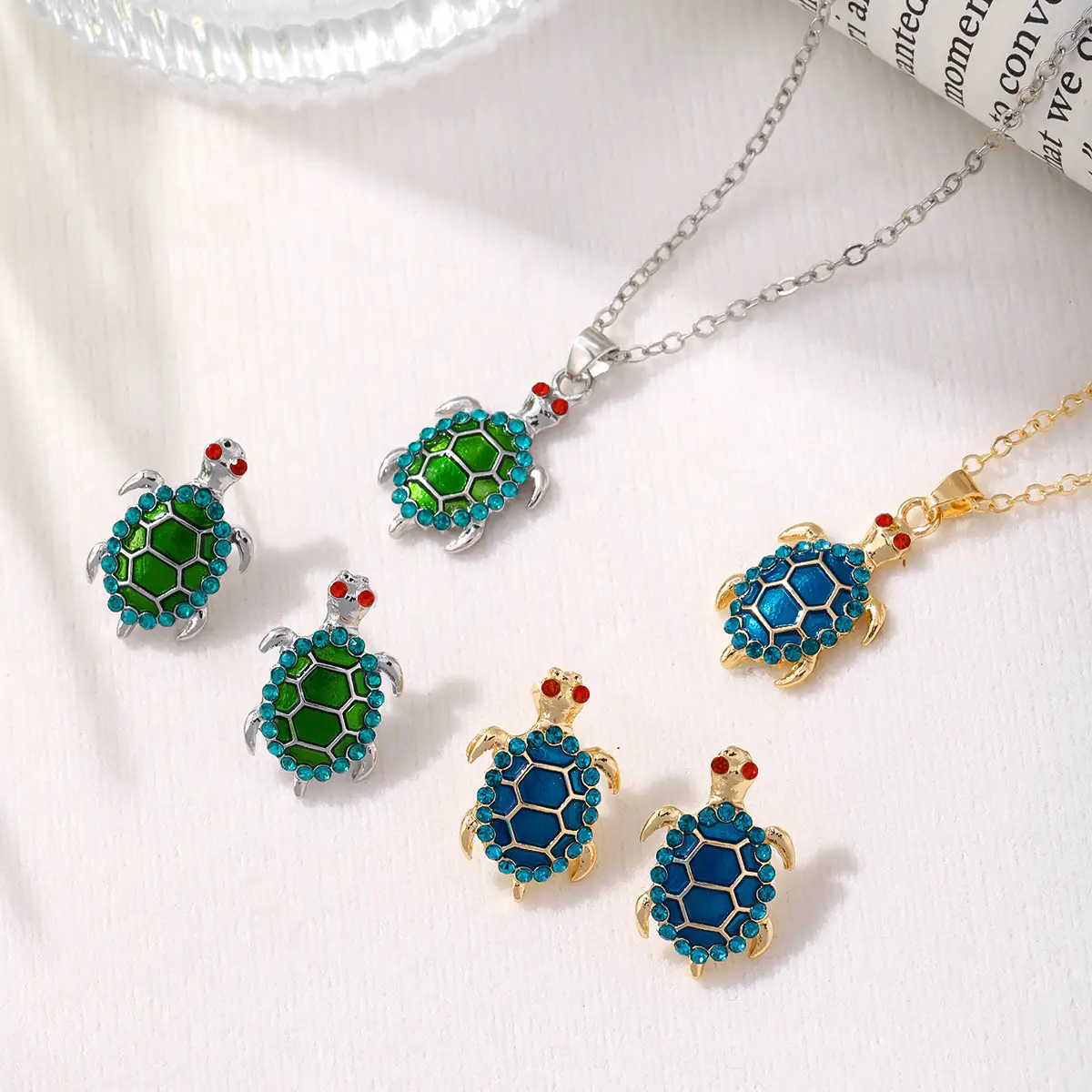 Turtle Earrings Set Green Blue Enamel Necklace Earrings