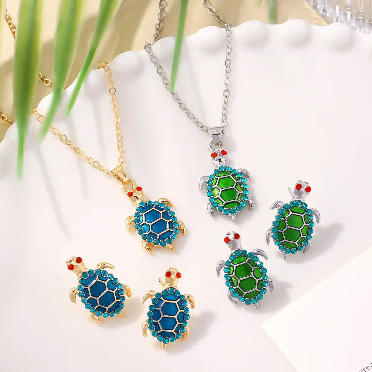Turtle Earrings Set Green Blue Enamel Necklace Earrings