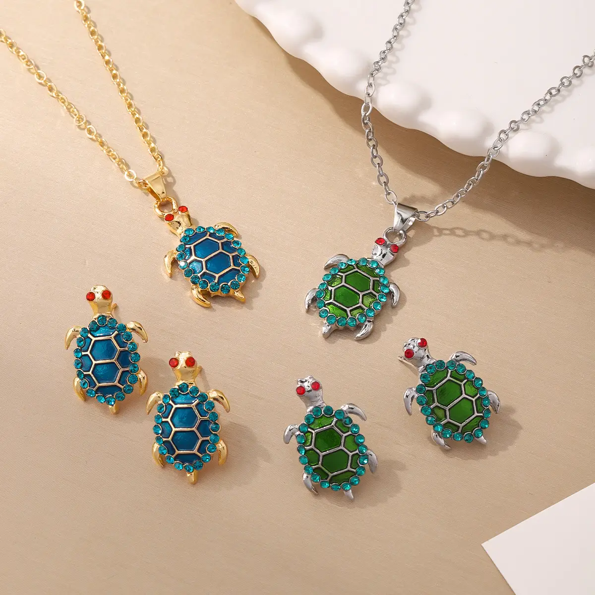 Turtle Earrings Set Green Blue Enamel Necklace Earrings