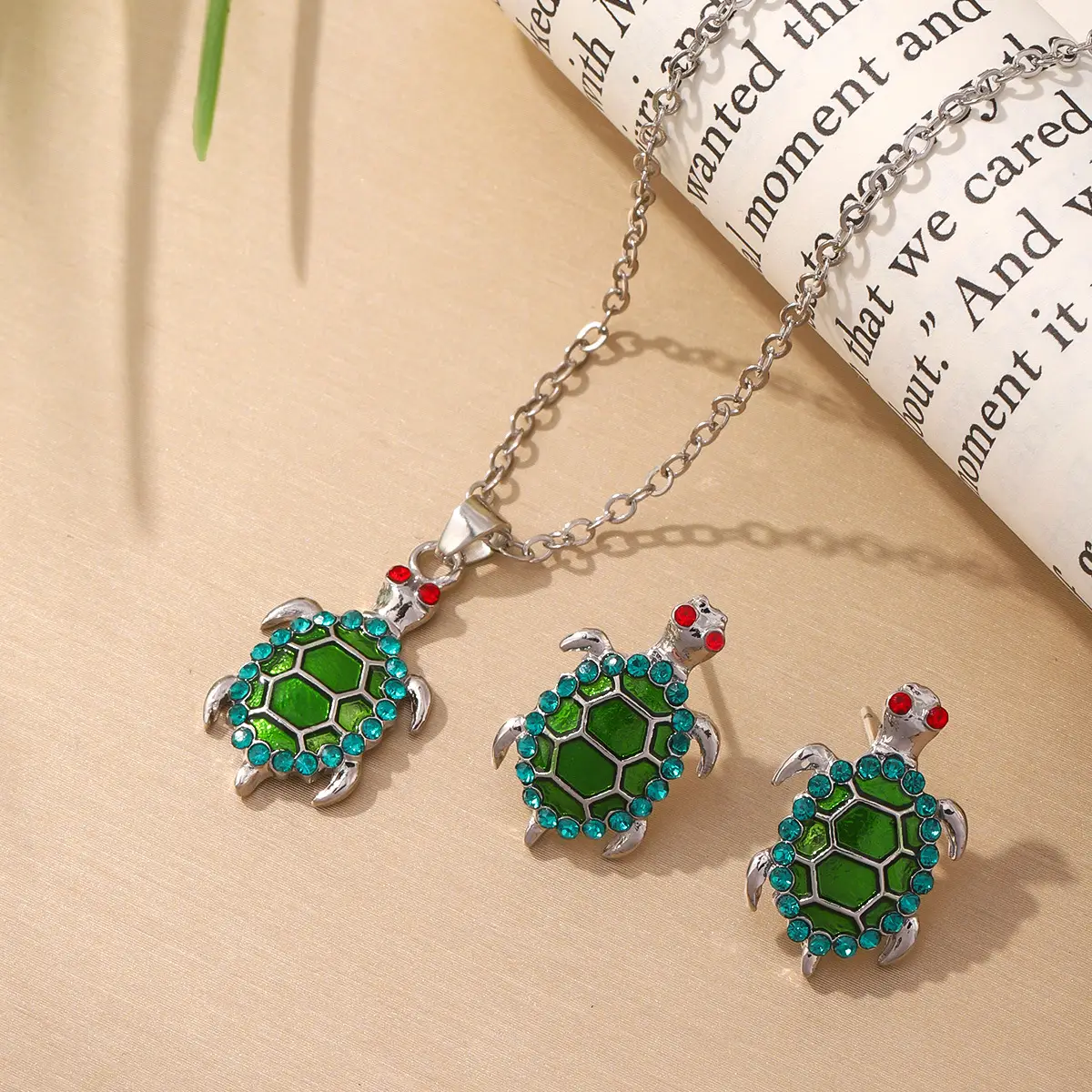 Turtle Earrings Set Green Blue Enamel Necklace Earrings