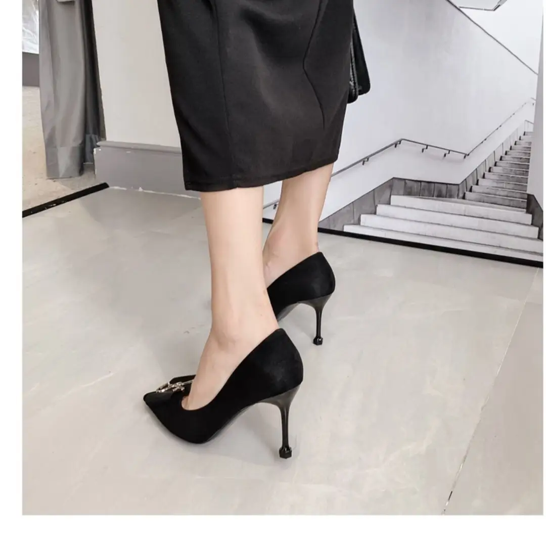 Beautiful Black Suede High Heels Women's Stiletto Heel Work Shoes Pointed Toe French Temperament High-class Not Tired Feet Single Shoes for Women — feature 8