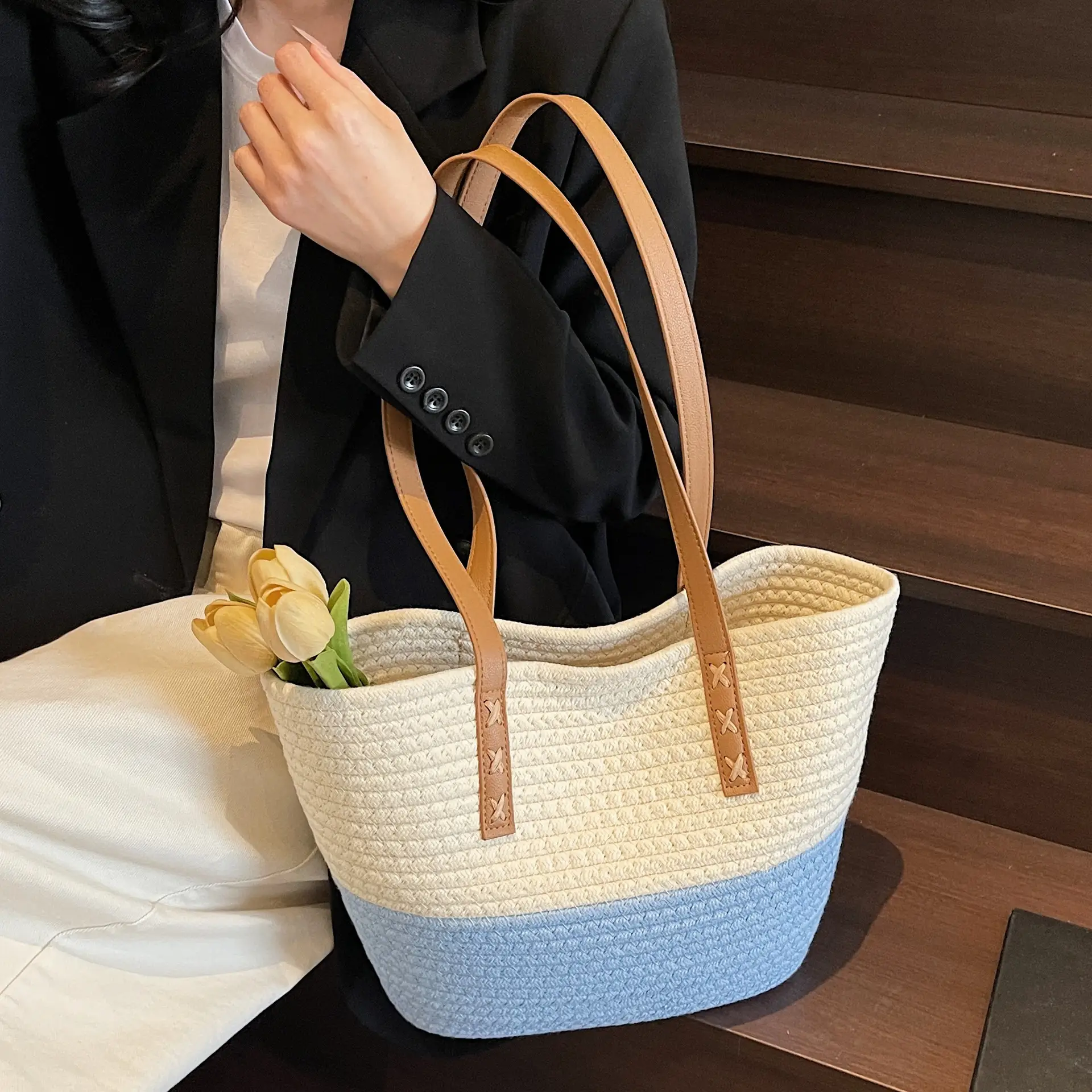 Women's Cotton Rope Shoulder Bag Blue Top Hat - Image 4