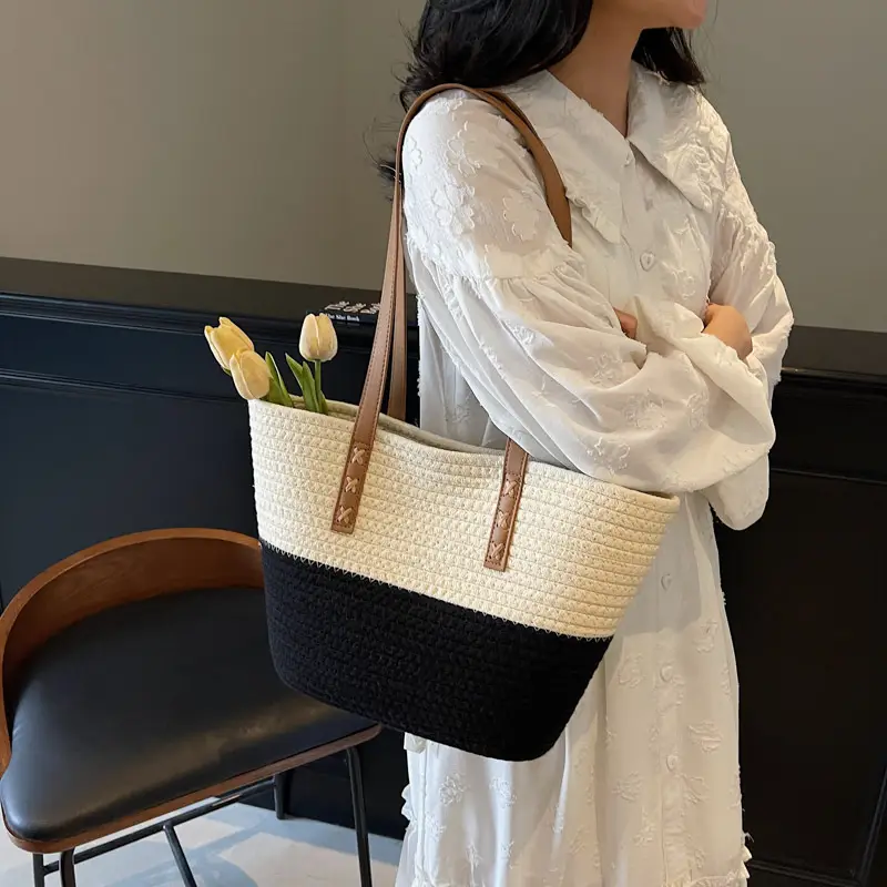Women's Cotton Rope Shoulder Bag Blue Top Hat - Image 5