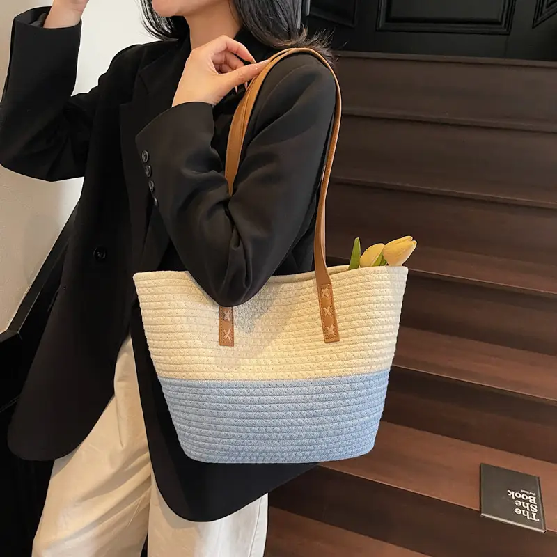 Women's Cotton Rope Shoulder Bag Blue Top Hat - Image 6