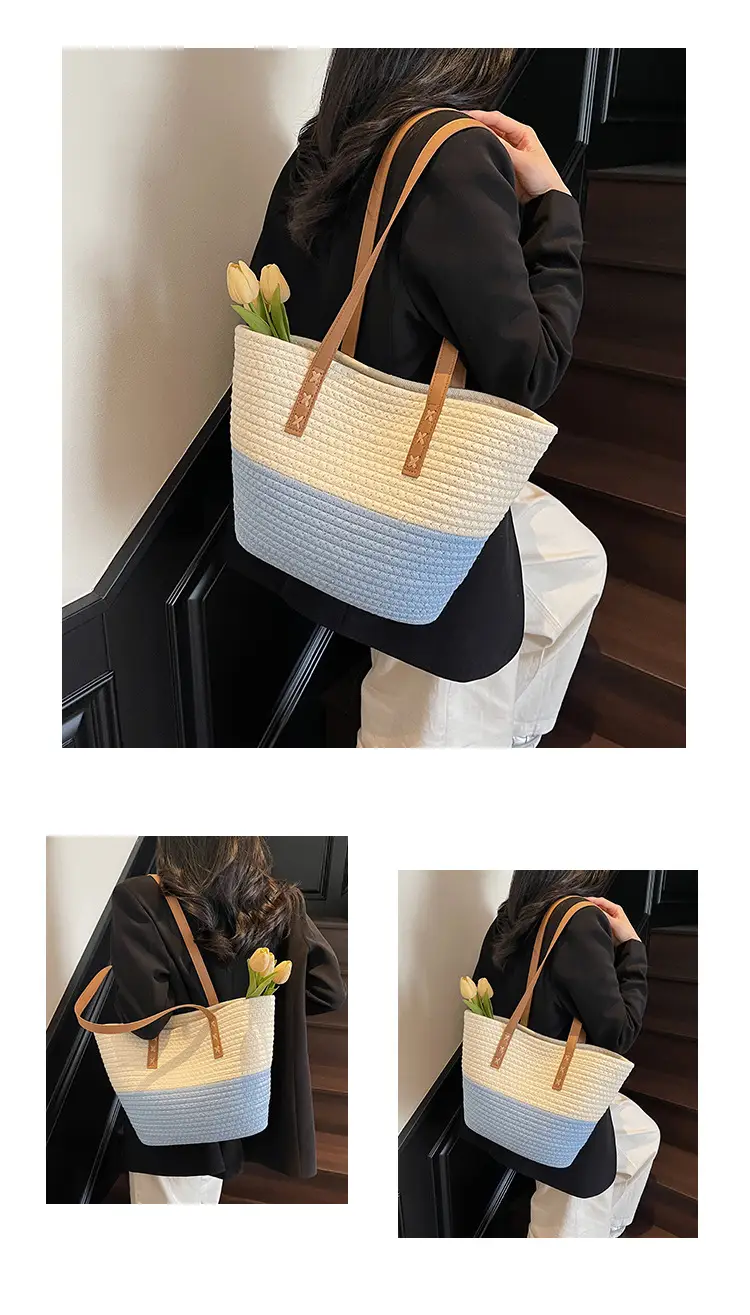 Women's Cotton Rope Shoulder Bag Blue Top Hat — feature 11
