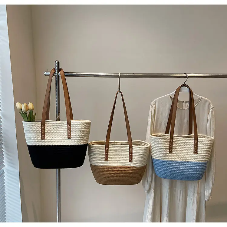 Women's Cotton Rope Shoulder Bag Blue Top Hat — feature 13