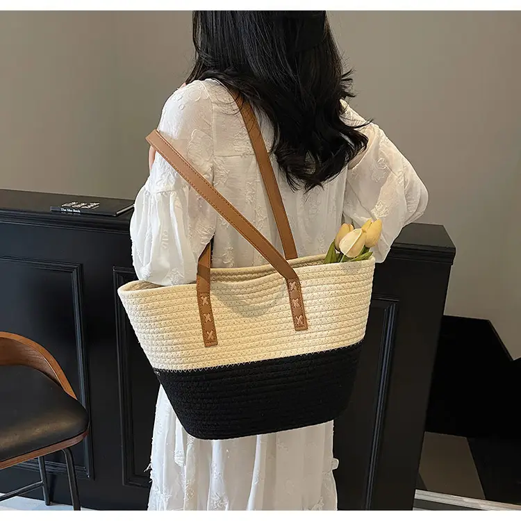 Women's Cotton Rope Shoulder Bag Blue Top Hat — feature 17