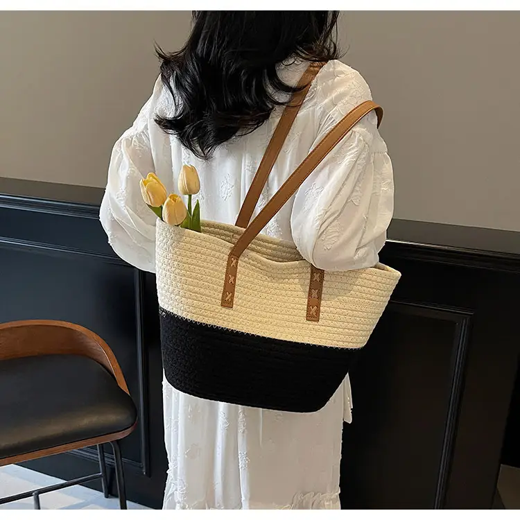 Women's Cotton Rope Shoulder Bag Blue Top Hat — feature 21