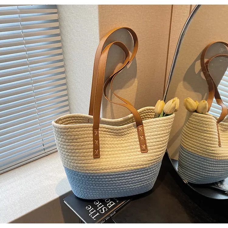 Women's Cotton Rope Shoulder Bag Blue Top Hat — feature 27