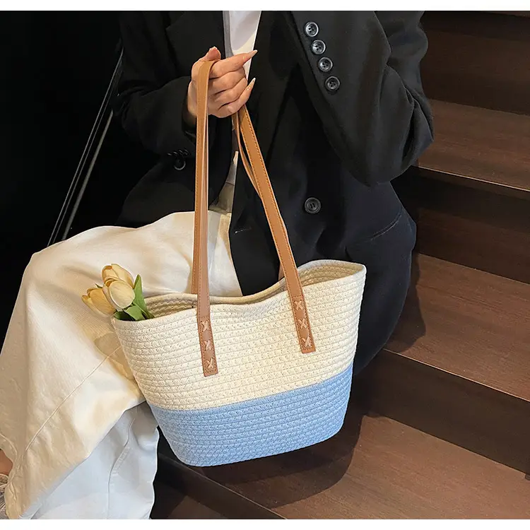 Women's Cotton Rope Shoulder Bag Blue Top Hat — feature 30