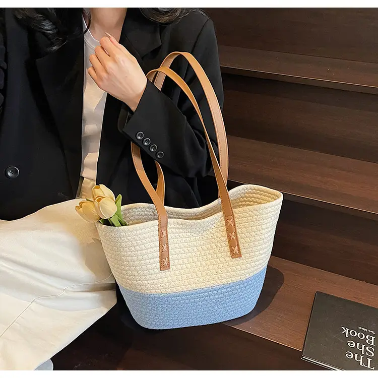Women's Cotton Rope Shoulder Bag Blue Top Hat — feature 31