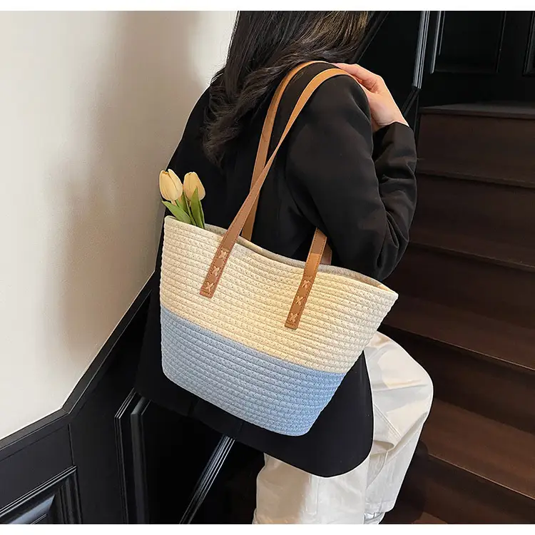 Women's Cotton Rope Shoulder Bag Blue Top Hat — feature 33