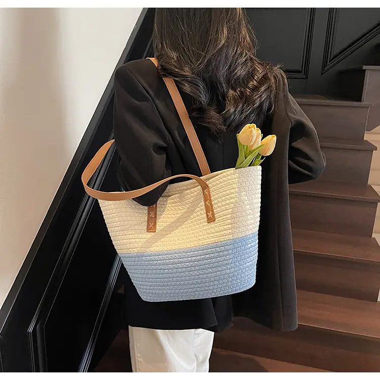 Women's Cotton Rope Shoulder Bag Blue Top Hat — feature 34