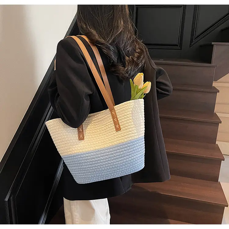 Women's Cotton Rope Shoulder Bag Blue Top Hat — feature 35