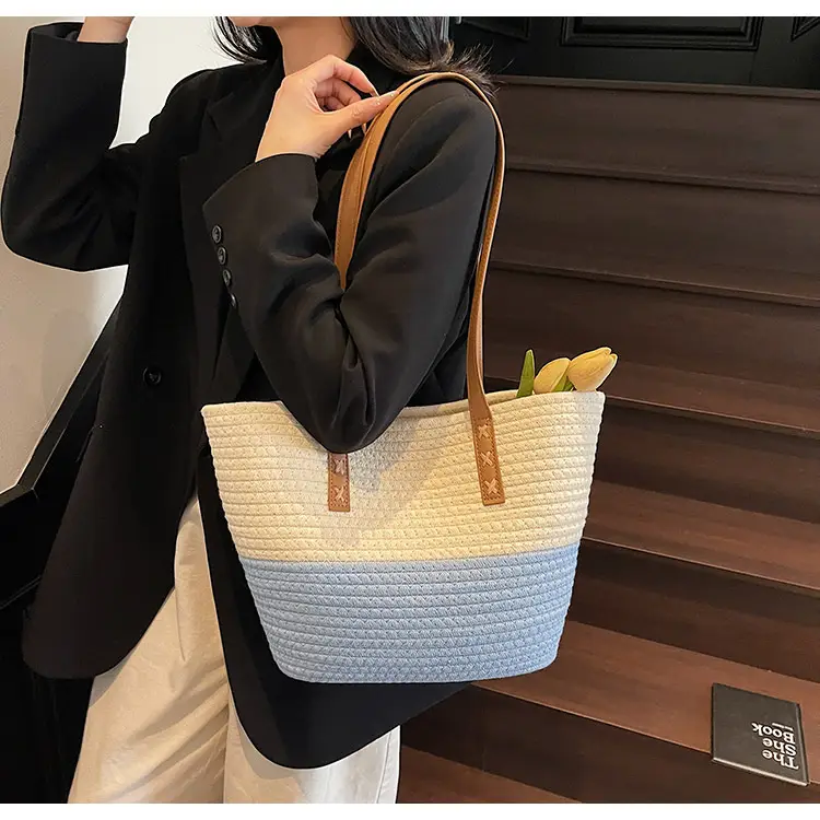 Women's Cotton Rope Shoulder Bag Blue Top Hat — feature 36