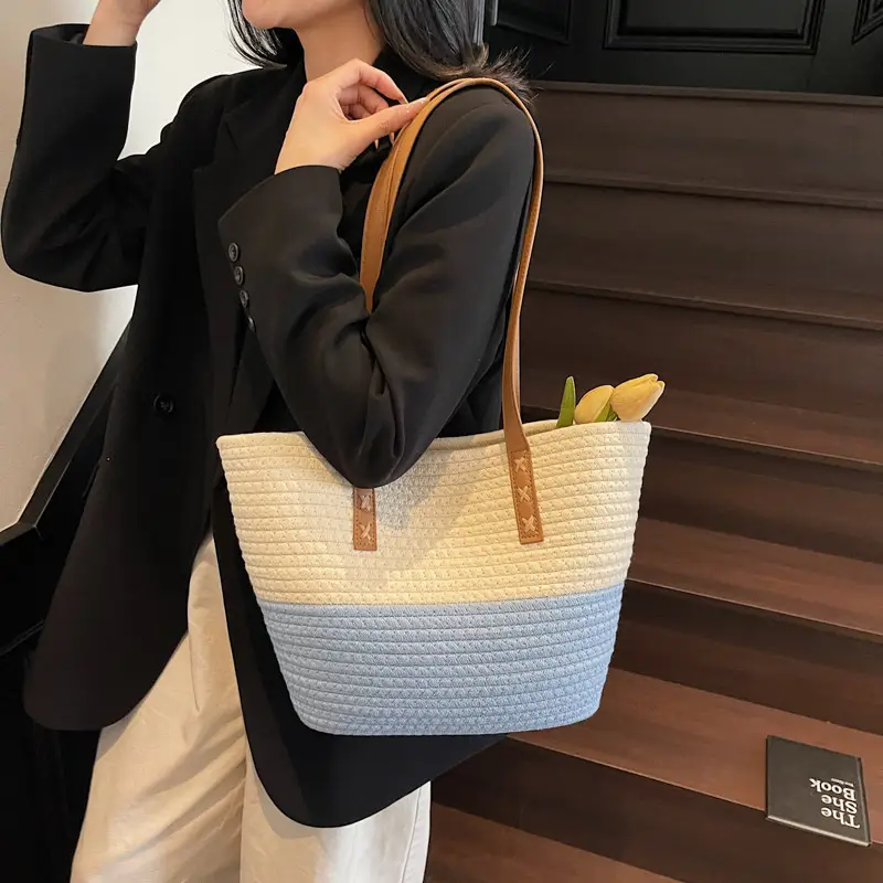 Women's Cotton Rope Shoulder Bag Blue Top Hat - Image 3