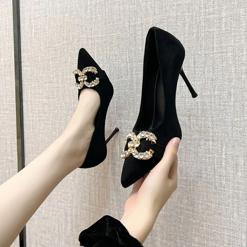 Rhinestone Black Suede Sexy High-Heeled Shoes for Women, New Spring and Autumn Style, Pointed Toe, Comfortable, Shallow Mouth, Commuting Single Shoes for Women - Image 3
