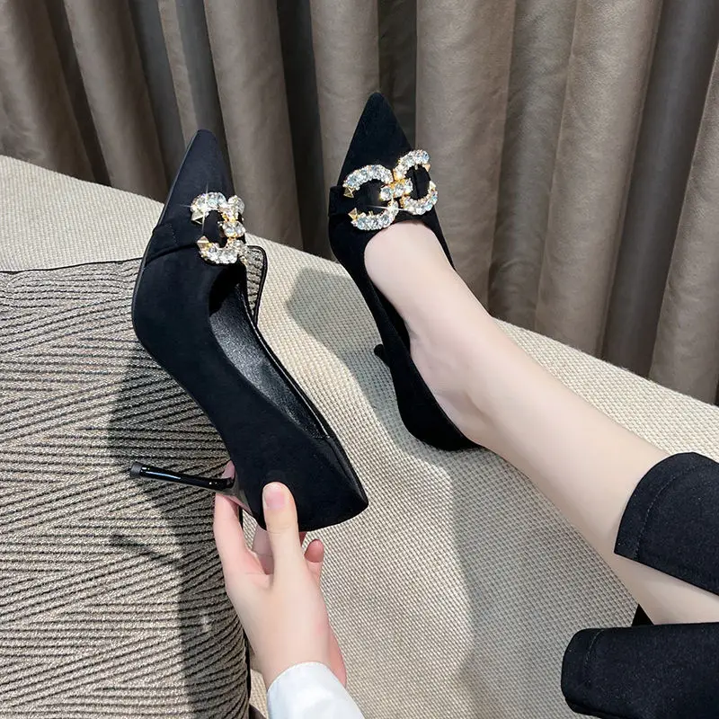Rhinestone Black Suede Sexy High-Heeled Shoes for Women, New Spring and Autumn Style, Pointed Toe, Comfortable, Shallow Mouth, Commuting Single Shoes for Women - Image 4