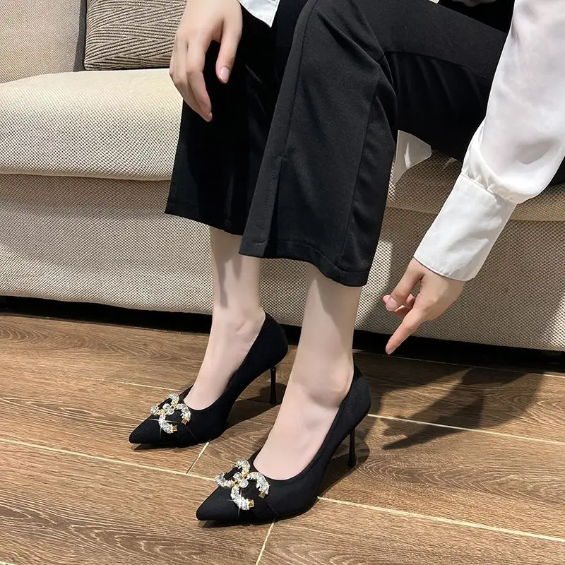 Rhinestone Black Suede Sexy High-Heeled Shoes for Women, New Spring and Autumn Style, Pointed Toe, Comfortable, Shallow Mouth, Commuting Single Shoes for Women - Image 5