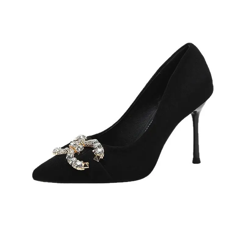 Rhinestone Black Suede Sexy High-Heeled Shoes for Women, New Spring and Autumn Style, Pointed Toe, Comfortable, Shallow Mouth, Commuting Single Shoes for Women - Image 6