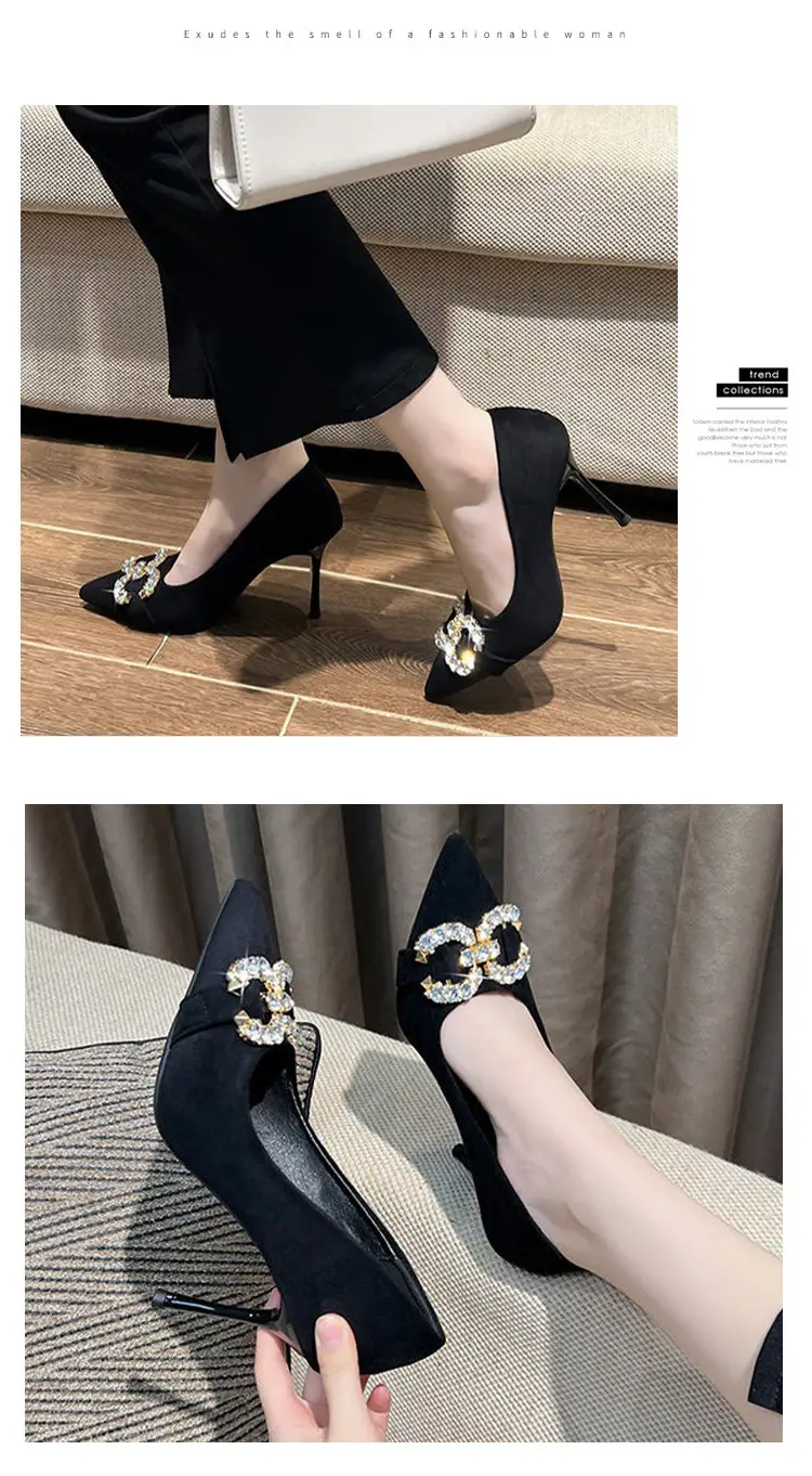 Rhinestone Black Suede Sexy High-Heeled Shoes for Women, New Spring and Autumn Style, Pointed Toe, Comfortable, Shallow Mouth, Commuting Single Shoes for Women — feature 10