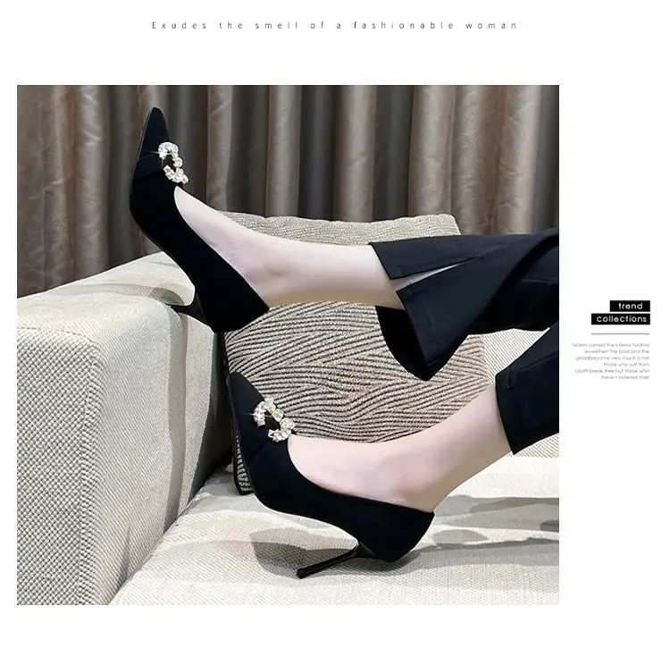 Rhinestone Black Suede Sexy High-Heeled Shoes for Women, New Spring and Autumn Style, Pointed Toe, Comfortable, Shallow Mouth, Commuting Single Shoes for Women — feature 11