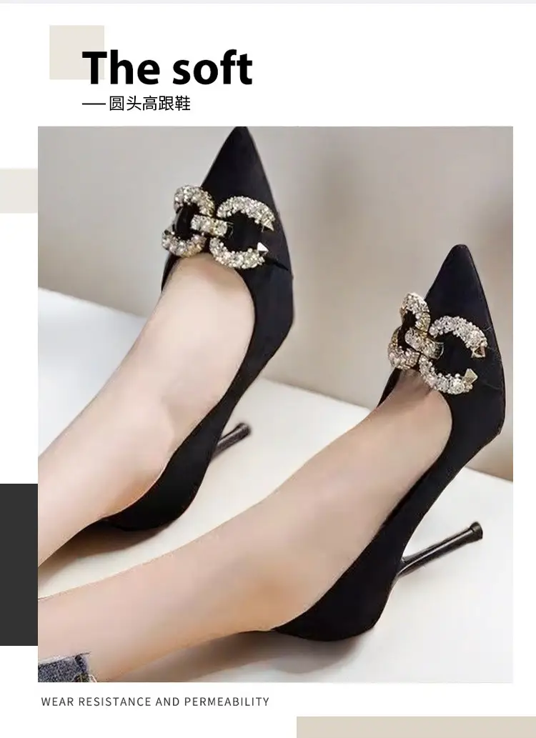 Rhinestone Black Suede Sexy High-Heeled Shoes for Women, New Spring and Autumn Style, Pointed Toe, Comfortable, Shallow Mouth, Commuting Single Shoes for Women — feature 2