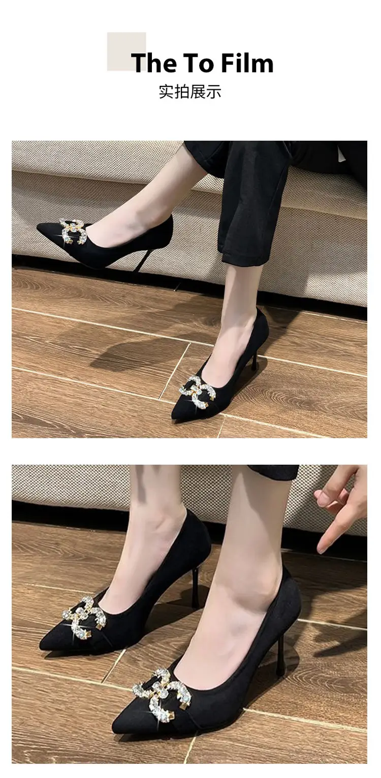 Rhinestone Black Suede Sexy High-Heeled Shoes for Women, New Spring and Autumn Style, Pointed Toe, Comfortable, Shallow Mouth, Commuting Single Shoes for Women — feature 9
